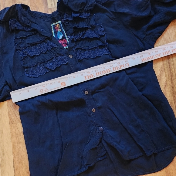 Johnny Was sheer eyelit ruffle top blouse 3/4 sleeve size medium black boho - Picture 9 of 10